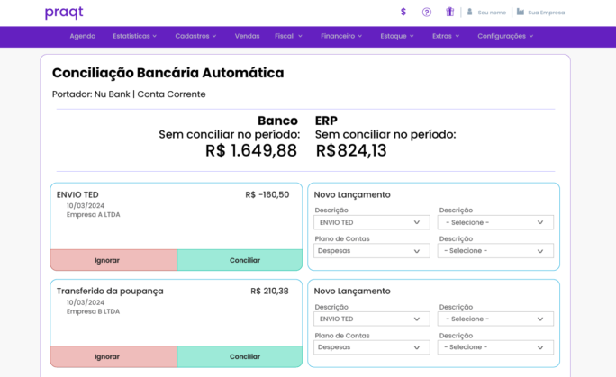 tela do sistema de conciliação bancária